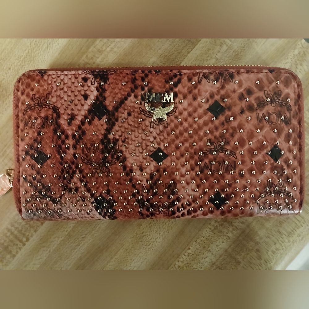 MCM Pink/Red Snakeskin Studded Long Zip Wallet Beautiful Condition!